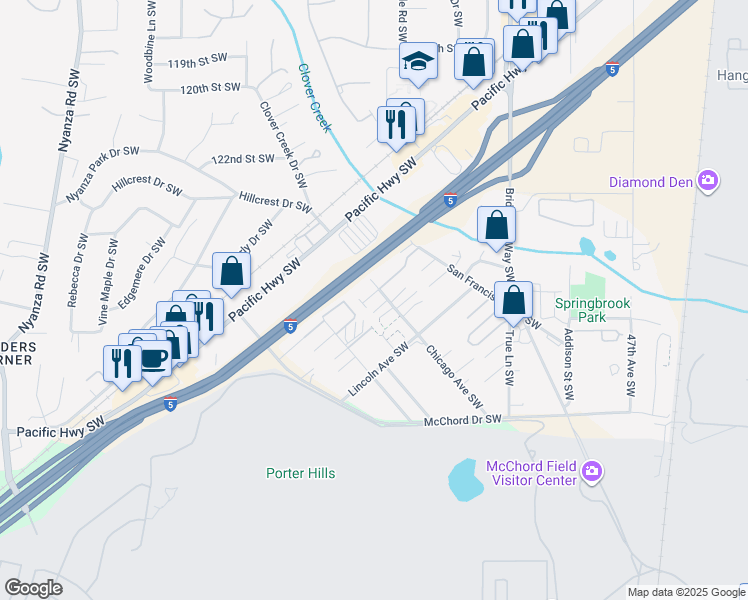 map of restaurants, bars, coffee shops, grocery stores, and more near 5506 Chicago Avenue Southwest in Lakewood