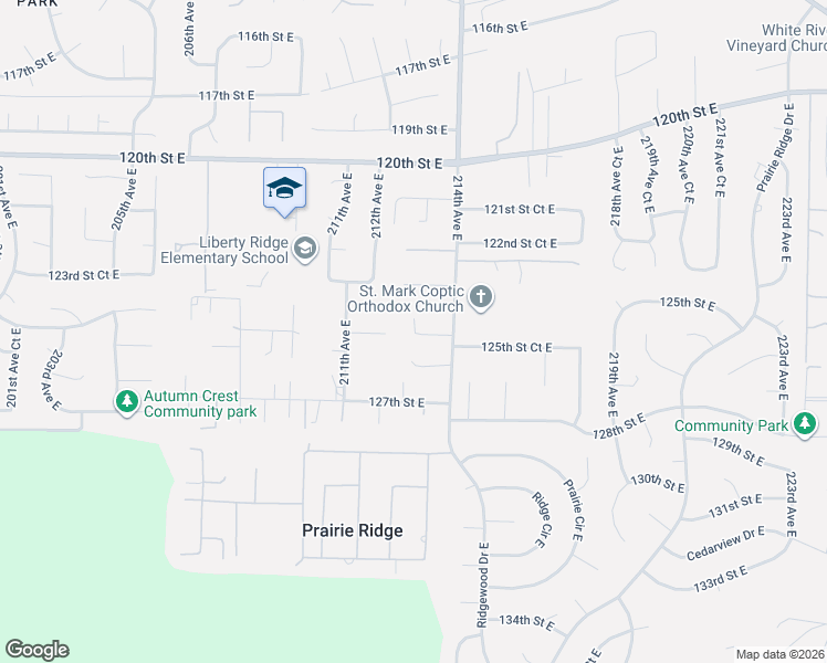 map of restaurants, bars, coffee shops, grocery stores, and more near 213th Avenue East in Prairie Ridge