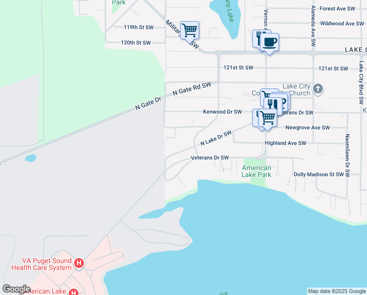 map of restaurants, bars, coffee shops, grocery stores, and more near 12516 Edgewood Avenue Southwest in Tacoma