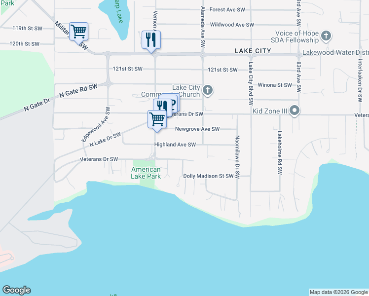 map of restaurants, bars, coffee shops, grocery stores, and more near 9019 Highland Avenue Southwest in Lakewood