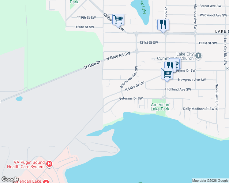 map of restaurants, bars, coffee shops, grocery stores, and more near 9805 North Lake Drive Southwest in Lakewood