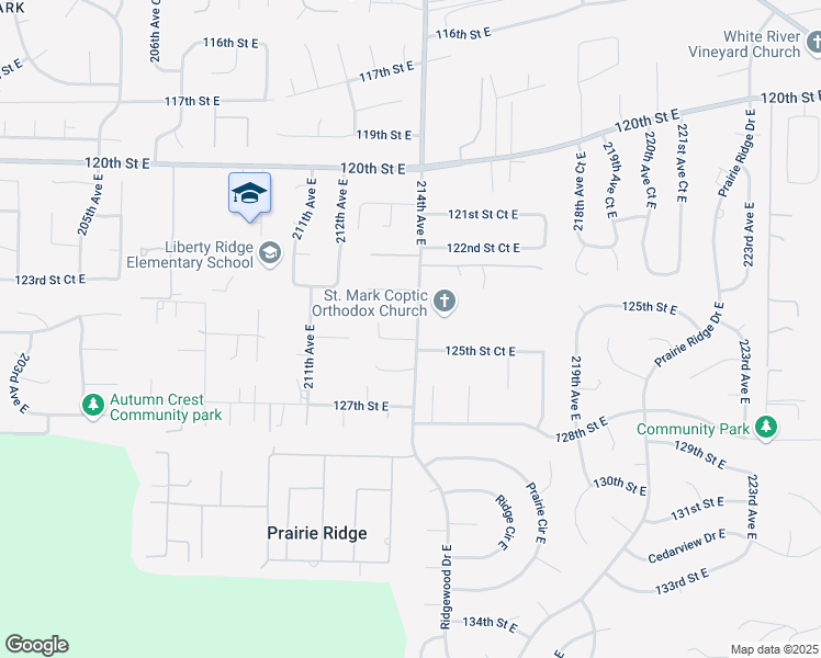 map of restaurants, bars, coffee shops, grocery stores, and more near 12412 214th Avenue East in Sumner