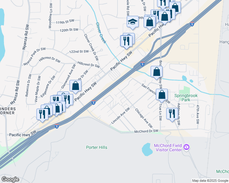 map of restaurants, bars, coffee shops, grocery stores, and more near 5516 Chicago Avenue Southwest in Tacoma