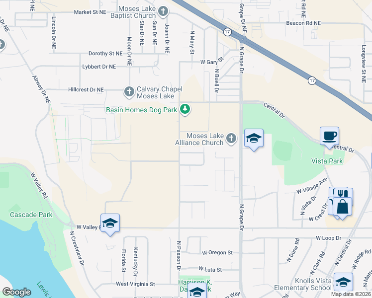 map of restaurants, bars, coffee shops, grocery stores, and more near 1216 West Franklin Street in Moses Lake
