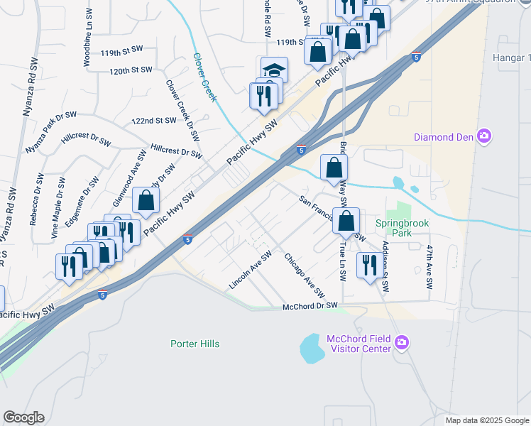 map of restaurants, bars, coffee shops, grocery stores, and more near 12530 Springbrook Lane Southwest in Lakewood