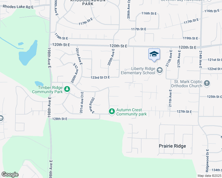 map of restaurants, bars, coffee shops, grocery stores, and more near 20509 124th Street Court East in Sumner