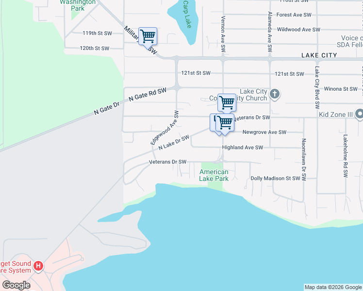 map of restaurants, bars, coffee shops, grocery stores, and more near 9510 North Lake Drive Southwest in Lakewood