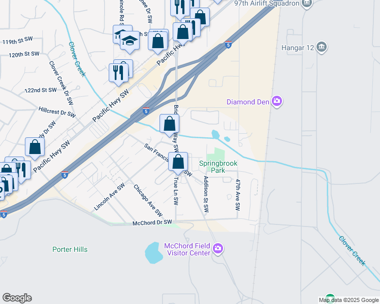 map of restaurants, bars, coffee shops, grocery stores, and more near 12535 Bridgeport Way Southwest in Lakewood