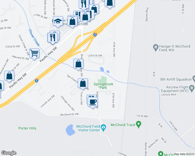 map of restaurants, bars, coffee shops, grocery stores, and more near 10914 Addison Street Southwest in Lakewood