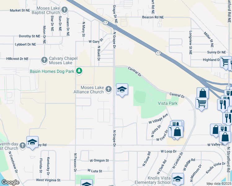 map of restaurants, bars, coffee shops, grocery stores, and more near 1133 North Grape Drive in Moses Lake