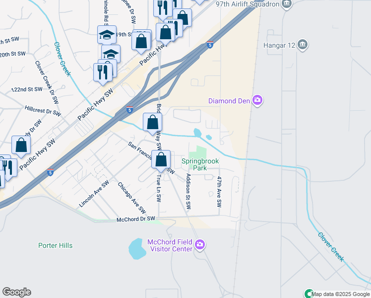 map of restaurants, bars, coffee shops, grocery stores, and more near 12518 Addison Street Southwest in Lakewood