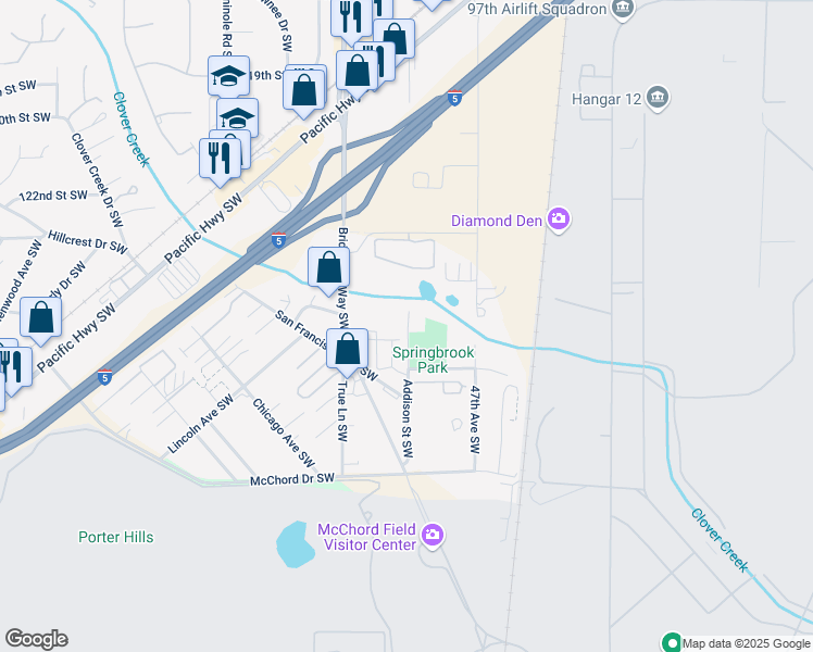 map of restaurants, bars, coffee shops, grocery stores, and more near 12518 Addison Street Southwest in Lakewood