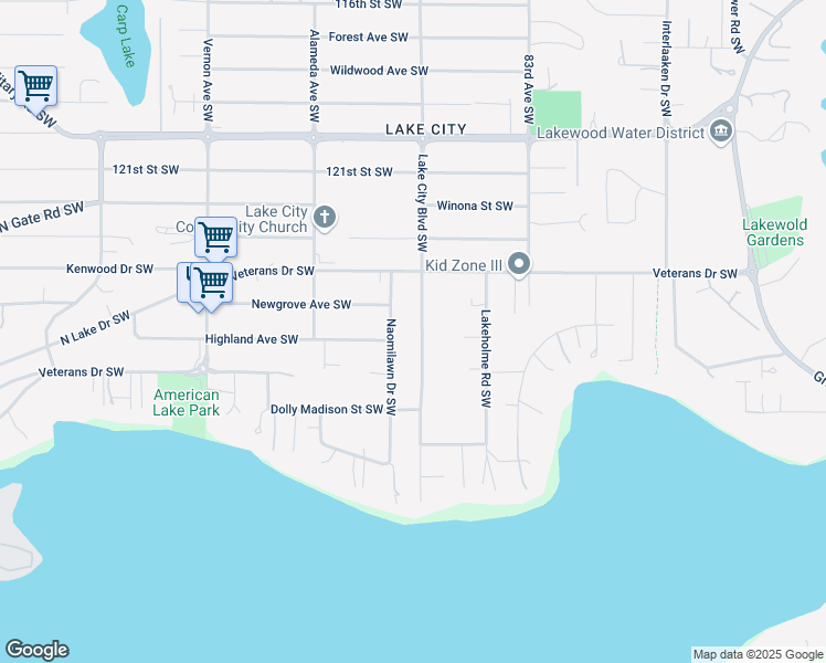 map of restaurants, bars, coffee shops, grocery stores, and more near 12510 Lake City Boulevard Southwest in Tacoma