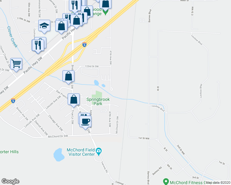 map of restaurants, bars, coffee shops, grocery stores, and more near 12517 47th Avenue Southwest in Tacoma