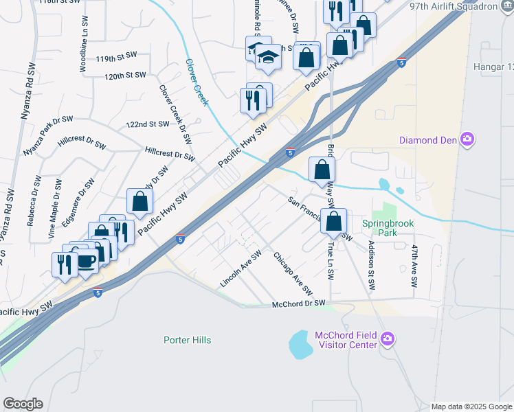map of restaurants, bars, coffee shops, grocery stores, and more near 12530 Springbrook Lane Southwest in Lakewood