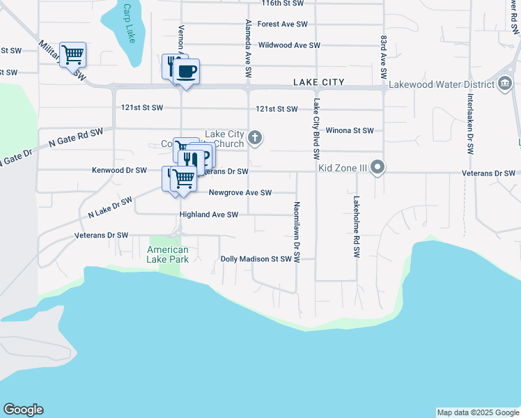 map of restaurants, bars, coffee shops, grocery stores, and more near 8803 Highland Avenue Southwest in Tacoma