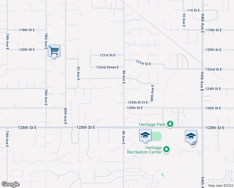 map of restaurants, bars, coffee shops, grocery stores, and more near 8508 124th Street Court East in Puyallup
