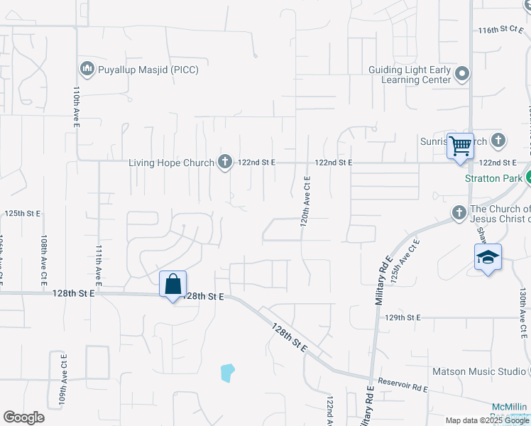map of restaurants, bars, coffee shops, grocery stores, and more near 11919 124th Street Court East in Puyallup