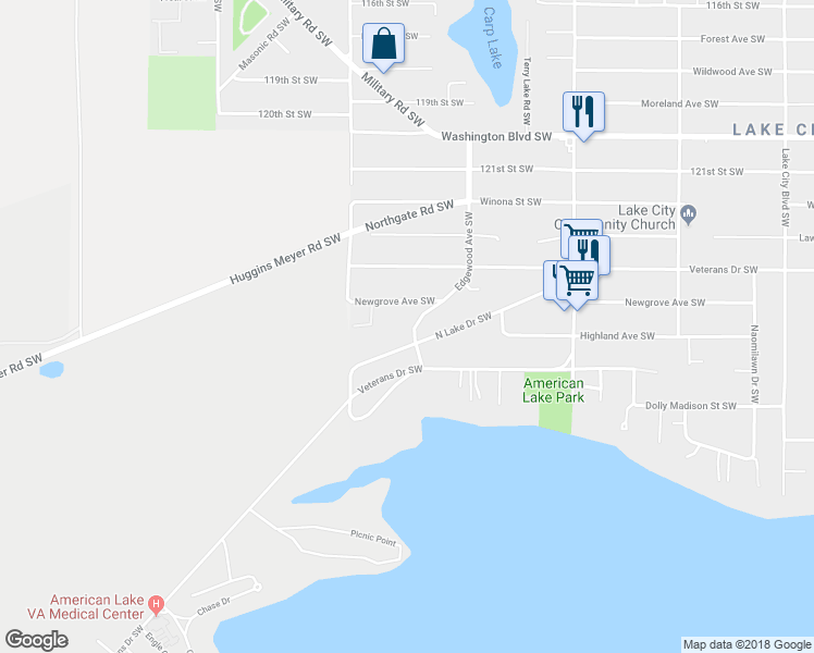 map of restaurants, bars, coffee shops, grocery stores, and more near 12516 Edgewood Avenue Southwest in Tacoma