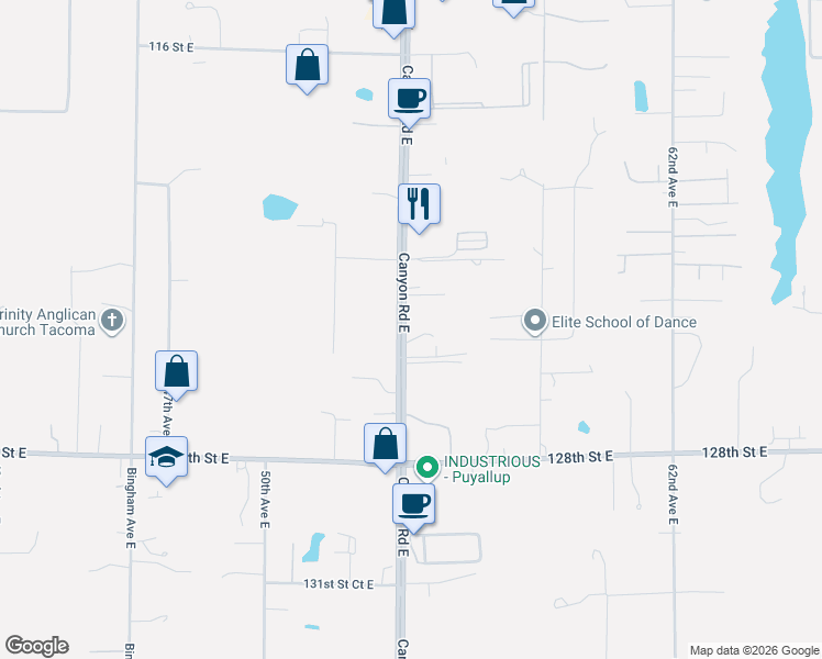 map of restaurants, bars, coffee shops, grocery stores, and more near 12325 Canyon Road East in Puyallup