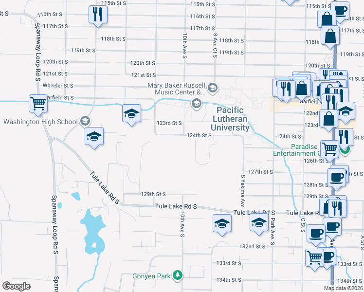 map of restaurants, bars, coffee shops, grocery stores, and more near 1002 124th Street South in Parkland