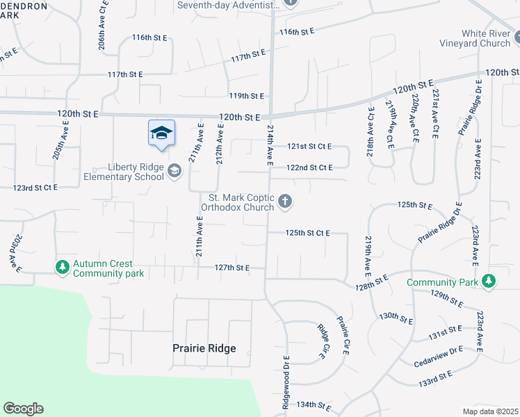 map of restaurants, bars, coffee shops, grocery stores, and more near 12412 214th Avenue East in Sumner