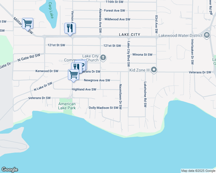 map of restaurants, bars, coffee shops, grocery stores, and more near 8803 Highland Ave SW in Tacoma