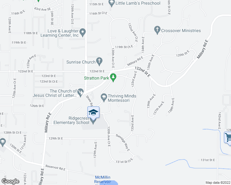 map of restaurants, bars, coffee shops, grocery stores, and more near 13109 124th Street Court East in Puyallup
