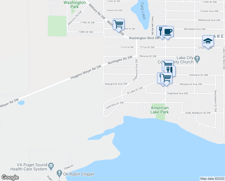 map of restaurants, bars, coffee shops, grocery stores, and more near 12511 98th Avenue Court Southwest in Lakewood