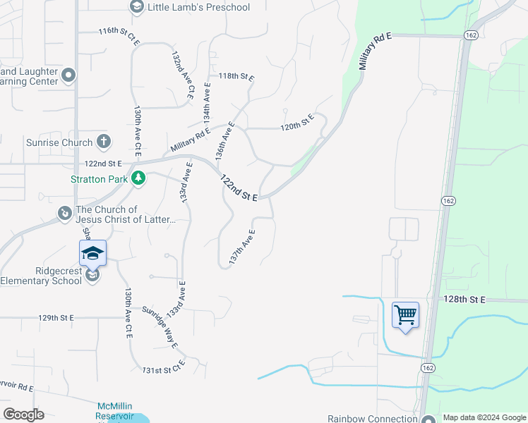 map of restaurants, bars, coffee shops, grocery stores, and more near 12216 138th Avenue East in Puyallup