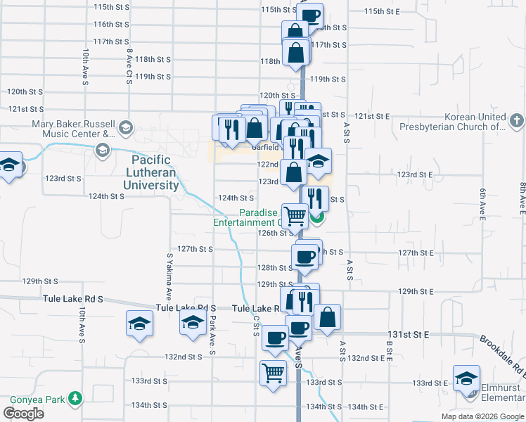 map of restaurants, bars, coffee shops, grocery stores, and more near 407 125th Street East in Tacoma
