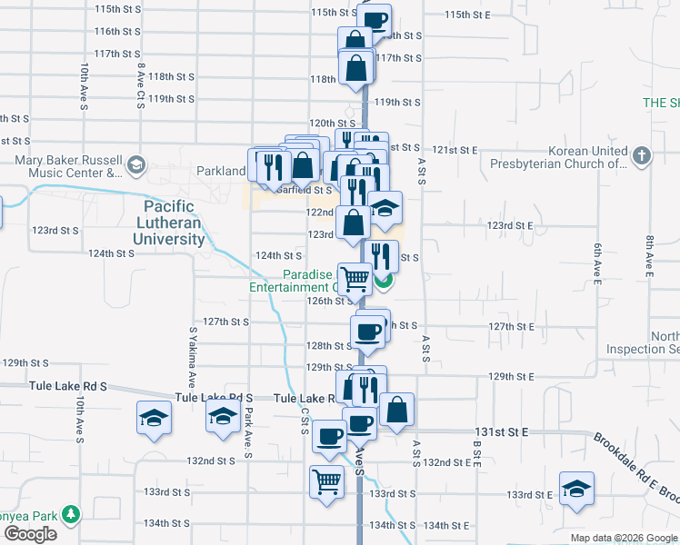 map of restaurants, bars, coffee shops, grocery stores, and more near 219 125th Street South in Tacoma