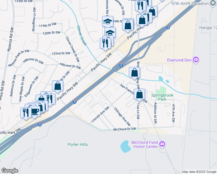 map of restaurants, bars, coffee shops, grocery stores, and more near 12530 Springbrook Lane Southwest in Lakewood