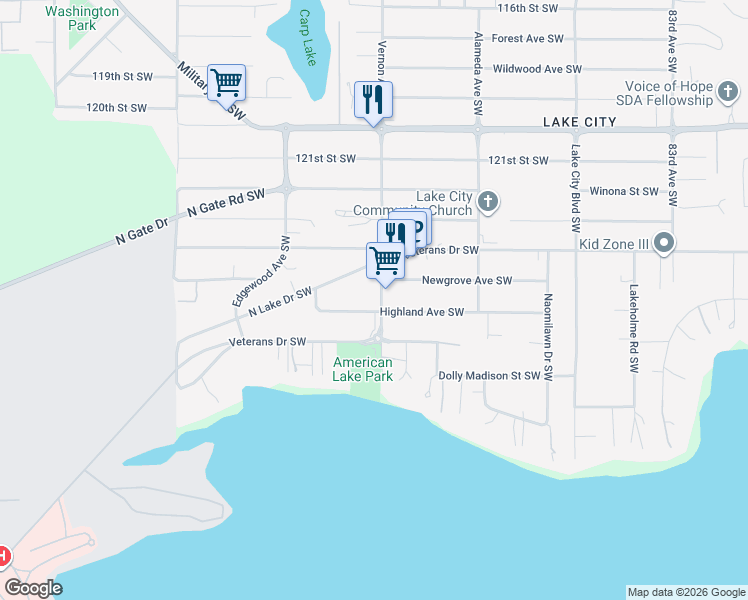 map of restaurants, bars, coffee shops, grocery stores, and more near 9135 Veterans Drive Southwest in Lakewood