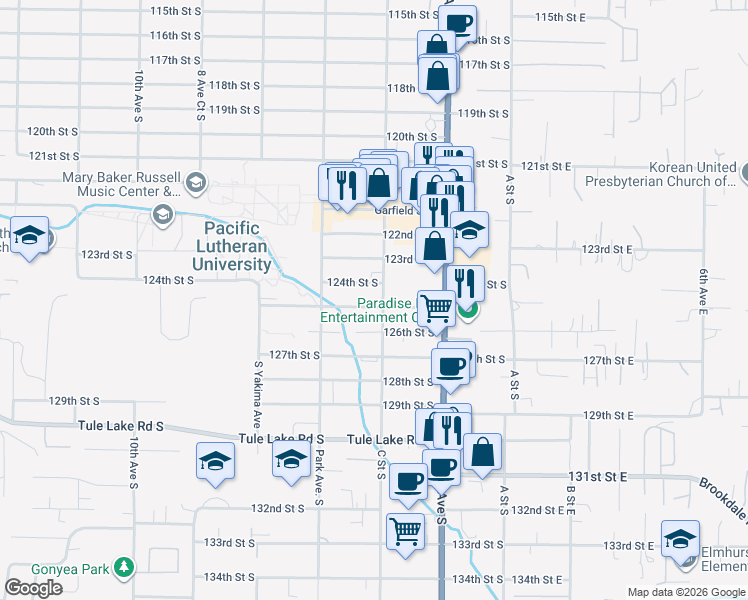 map of restaurants, bars, coffee shops, grocery stores, and more near 407 125th Street East in Tacoma