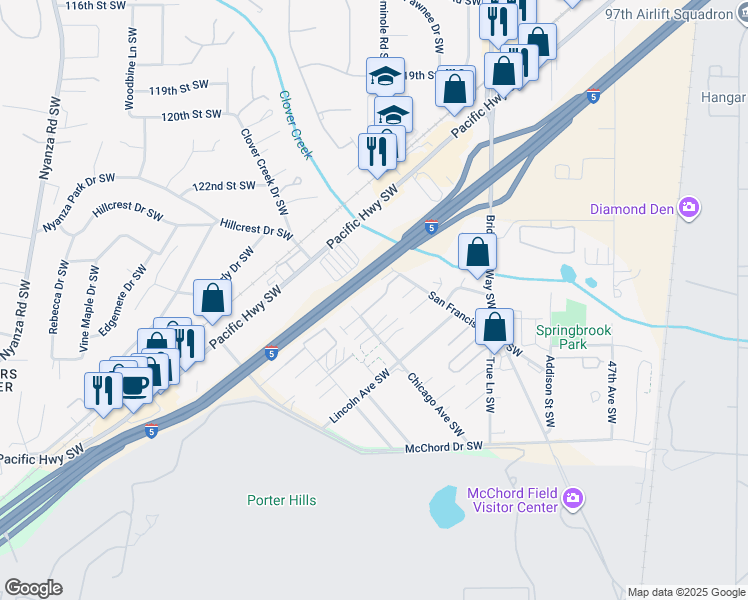map of restaurants, bars, coffee shops, grocery stores, and more near 12530 Springbrook Lane Southwest in Lakewood