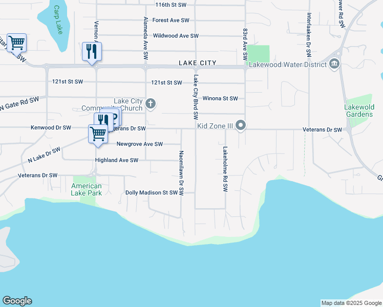 map of restaurants, bars, coffee shops, grocery stores, and more near 12510 Lake City Boulevard Southwest in Tacoma