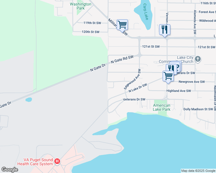 map of restaurants, bars, coffee shops, grocery stores, and more near 12511 98th Avenue Court Southwest in Lakewood
