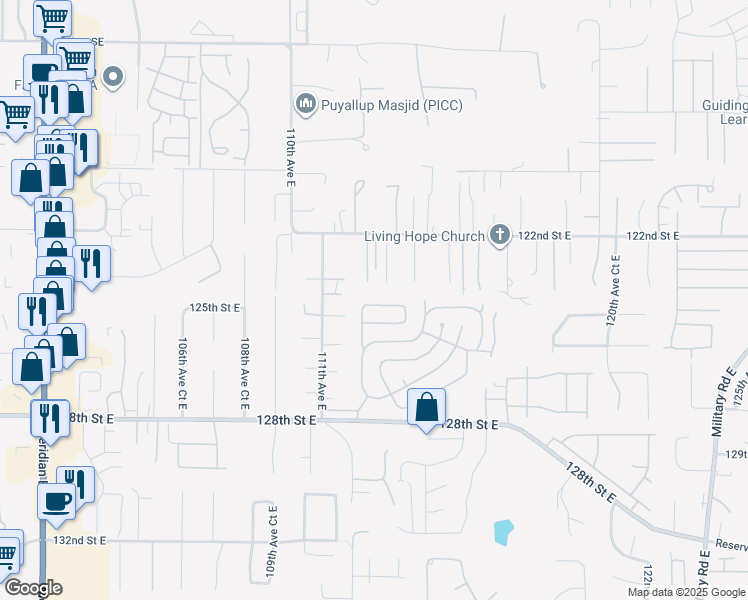 map of restaurants, bars, coffee shops, grocery stores, and more near 11211 124th Street Court East in Puyallup