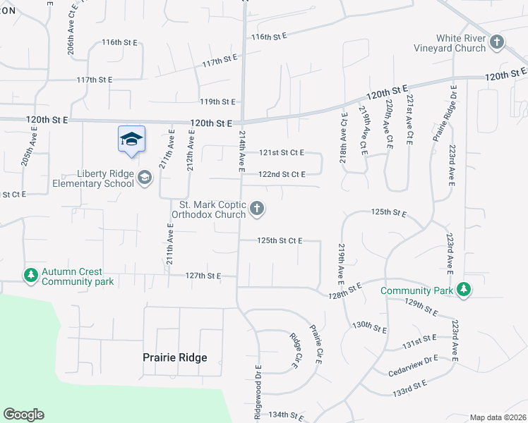 map of restaurants, bars, coffee shops, grocery stores, and more near 12403 214th Avenue East in Sumner