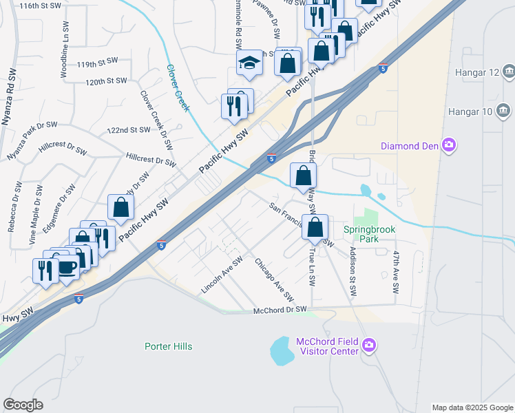 map of restaurants, bars, coffee shops, grocery stores, and more near 5314 San Francisco Avenue Southwest in Lakewood