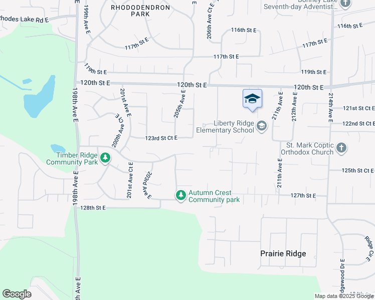 map of restaurants, bars, coffee shops, grocery stores, and more near 20509 124th Street Court East in Sumner