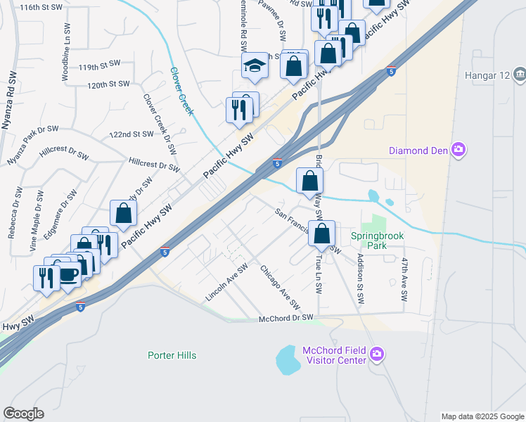 map of restaurants, bars, coffee shops, grocery stores, and more near 5314 San Francisco Avenue Southwest in Lakewood