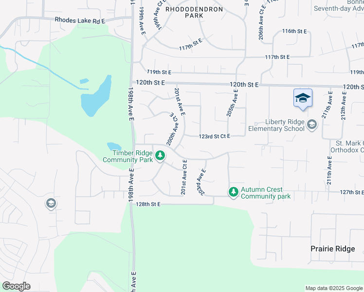 map of restaurants, bars, coffee shops, grocery stores, and more near 20198 124th Street East in Bonney Lake