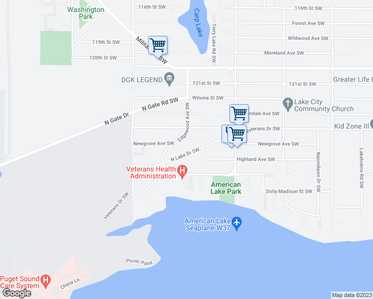 map of restaurants, bars, coffee shops, grocery stores, and more near 9510 North Lake Drive Southwest in Tacoma