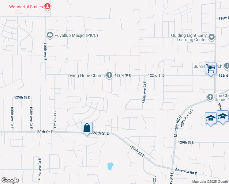 map of restaurants, bars, coffee shops, grocery stores, and more near 11719 124th Street East in Puyallup