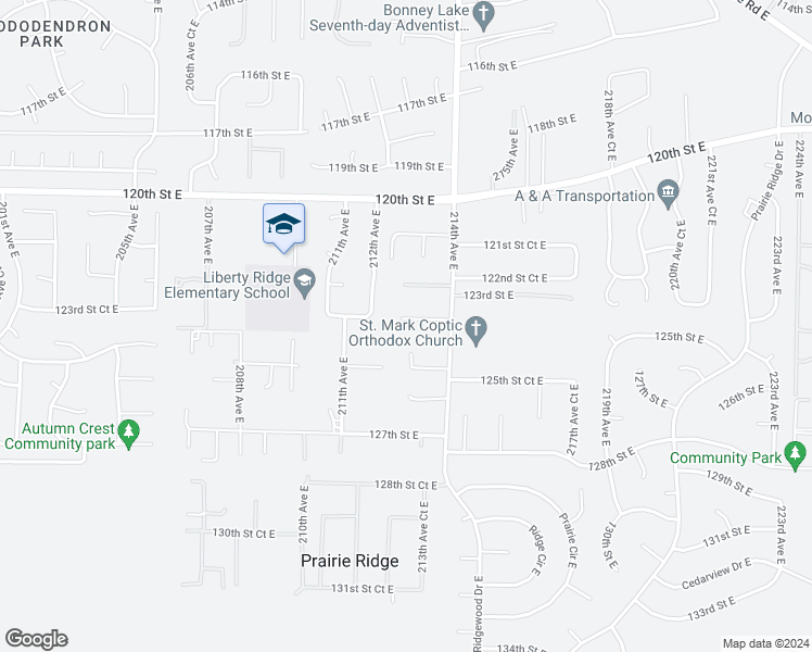 map of restaurants, bars, coffee shops, grocery stores, and more near 21210 123rd Street Court East in Bonney Lake