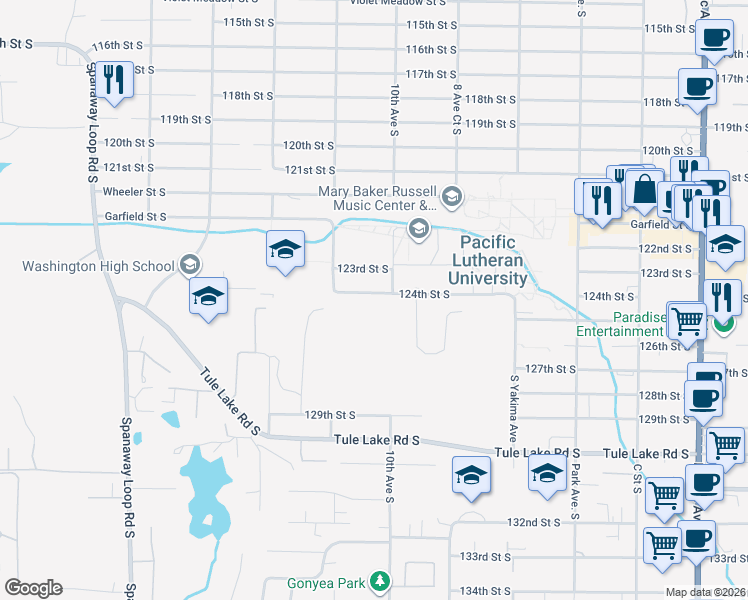 map of restaurants, bars, coffee shops, grocery stores, and more near 1002 124th Street South in Parkland