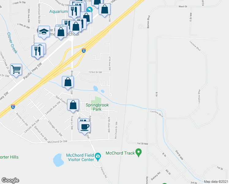 map of restaurants, bars, coffee shops, grocery stores, and more near 12517 47th Avenue Southwest in Tacoma