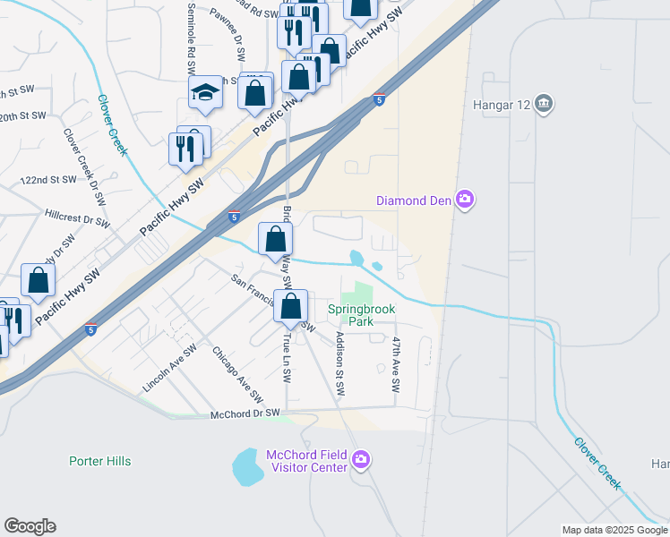 map of restaurants, bars, coffee shops, grocery stores, and more near 12518 Addison Street Southwest in Lakewood